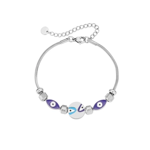 Detail of evil eye beaded bracelet in silver titanium steel with purple charms