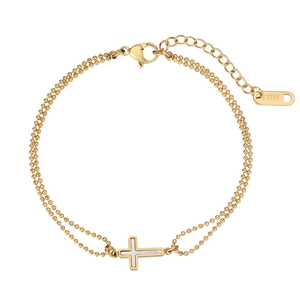 Bracelet Double Chaîne À Billes En Acier Inoxydable Pendentif Croix Incrustation Nacre Bijoux Minimalistes Pour Femmes