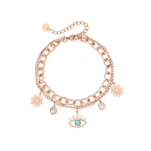 Détails du bracelet à maillons or rose avec œil maléfique turquoise et breloques zircon