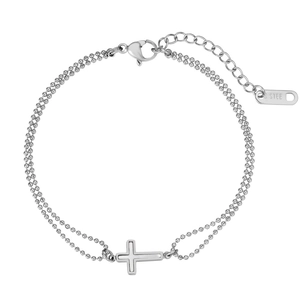 Bracelet double couche en acier inoxydable à billes avec un pendentif croix poli