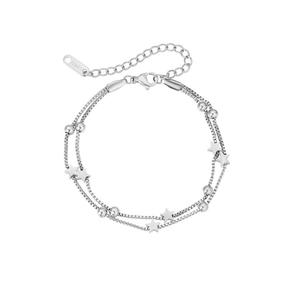Detail view of double-layer stainless steel star bracelet with adjustable lobster clasp