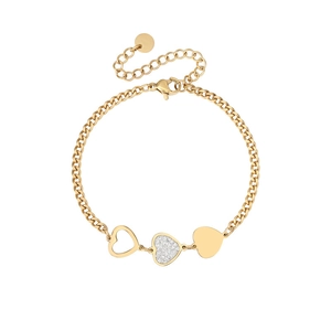 Detail of gold heart charm bracelet with pave cubic zirconia and lobster clasp
