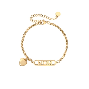Detailed macro view of rose gold bracelet with heart charm and MOM lettering design