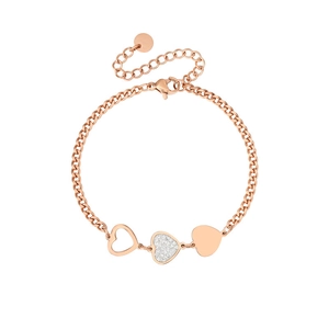 Detail of rose gold bracelet with triple heart charms and adjustable chain extender