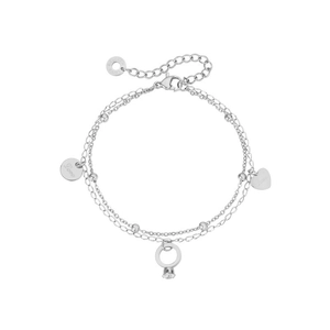 Silver double-layer chain bracelet with heart, Love pendant and zircon ring charm
