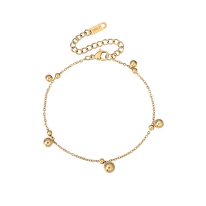 Detail of 18K gold plated beaded chain bracelet featuring lobster clasp and 18KGP tag