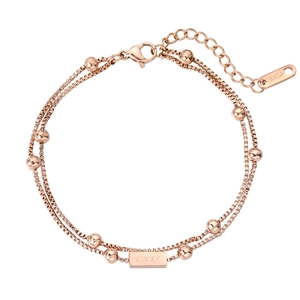 Elegant rose gold double-layered box chain bracelet with lucky rectangular tag