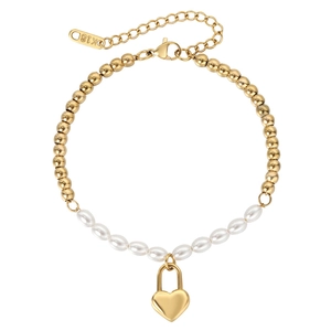 Women Titanium Steel Heart Lock Pendant Bracelet With White Artificial Pearls Minimalist Elegant Jewelry Adjustable Chain K18