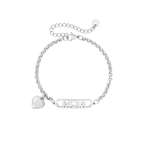 Detail of silver chain bracelet with heart charm and MOM cutout plaque