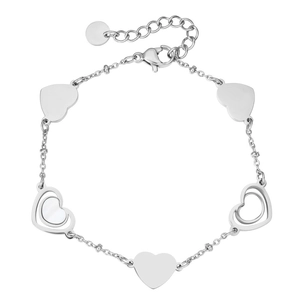 Minimalist silver chain bracelet featuring polished heart charms and adjustable lobster clasp