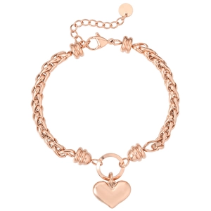 Rose gold heart pendant bracelet with woven wheat chain and polished barrel charms