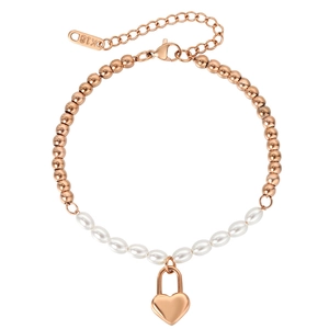 Minimalist pearl and rose gold beaded bracelet with heart lock pendant and K18 engraving