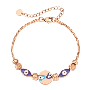 Rose gold snake chain bracelet with evil eye beads and adjustable lobster clasp closure