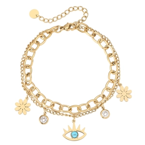 Bracelet Multi-rangs Mauvais Œil en Acier Titane Bohémien pour Femme Chaîne Cubaine Double Couche Breloques Fleur Marguerite Strass