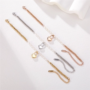 Three-color pearl and gold heart padlock bracelets in gold, silver, and rose gold finish