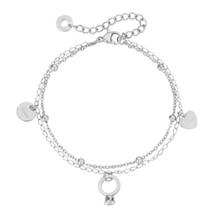 Stainless Steel Double Layered Bracelet For Women Rhinestone Heart Round Pendant Love Engraved Fashion Jewelry Finger Ring