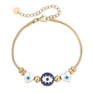 Bracelet chaîne serpent en acier titane doré avec charmes oeil bleu et pendentifs coeur