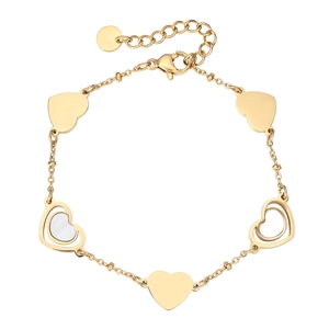 Elegant gold heart bracelet with mother of pearl inlays and polished mirror finish charms
