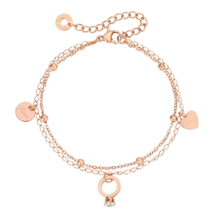 Double-layered rose gold titanium bracelet with Love heart charms and zircon ring pendant