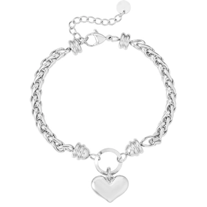 Silver cuban link bracelet with heart pendant and adjustable lobster clasp on white background