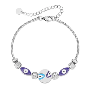 Chic silver snake chain bracelet with blue evil eye beads and spiral charms