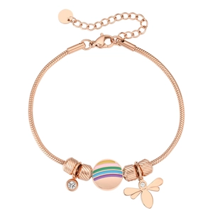 Bracelet chaîne serpent en or rose avec pendentif abeille et disque arc-en-ciel élégant