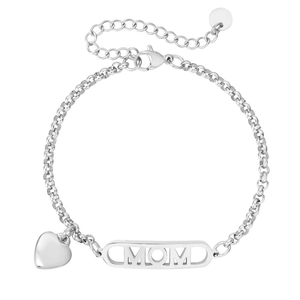 Silver heart pendant bracelet with MOM engraving and rolo chain on a clean white background