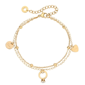 Double-layered golden titanium steel bracelet with heart charms and love disk pendants