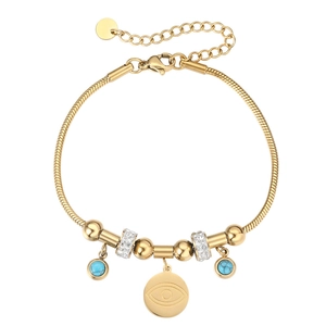 Bracelet chic en titane doré avec œil maléfique, accents de diamants et pendentifs turquoise