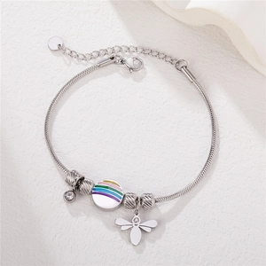 Bracelet chaîne serpent argenté avec émail arc-en-ciel, pendentif abeille et cristal