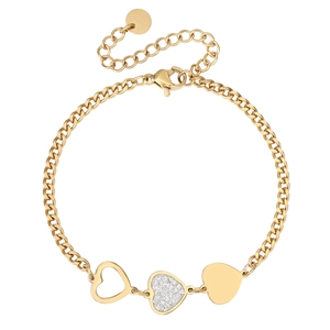Gold heart bracelet with hollow, crystal-paved, and polished charms for women