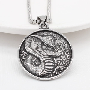 Retro stainless steel round cobra pendant necklace with vintage relief and punk chain