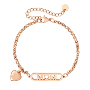Elegant rose gold chain bracelet with MOM oval plate and heart charm on white background