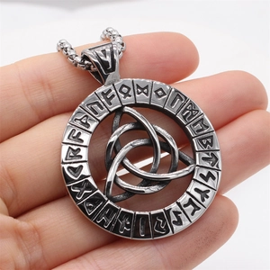 Retro Viking Valknut pendant necklace in titanium steel with engraved Nordic runes