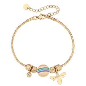 Bracelet chaîne serpent doré avec pendentif rond coloré et breloque abeille