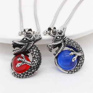 Vintage Titanium Steel Dragon Pendant Necklace For Men Antique Silver Punk Style Dragon Playing With Bead Jewelry Gift