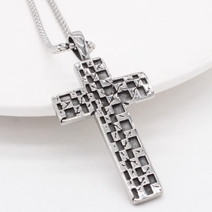 Vintage Mosaic Cross Pendant Necklace For Men Titanium Steel European Retro Geometric Texture Silver Distressed Jewelry Gift