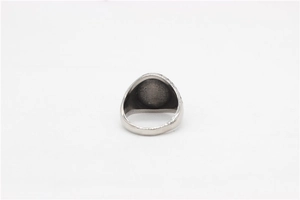 Detail shot of the wide inner band and thick wall on vintage Masonic steel ring