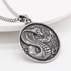 Retro stainless steel cobra round pendant necklace with oxidation finish and box chain