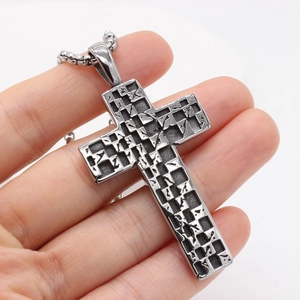 Retro square mosaic cross pendant necklace in silver stainless steel for men