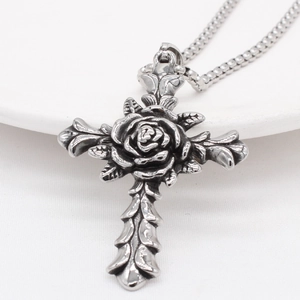 Vintage Gothic Titanium Steel Rose Cross Pendant Necklace For Men Retro Punk Style Titanium Steel Jewelry Accessories