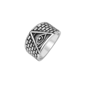 Detailed view of Egyptian All-Seeing Eye ring with vintage stainless steel texture