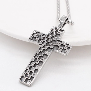 Retro square mosaic cross pendant necklace in vintage silver finish for men
