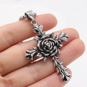 Retro stainless steel cross pendant with rose detail and silver bead chain
