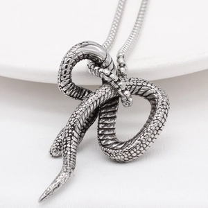 Gothic retro snake pendant necklace for men with vintage finish and steel snake chain