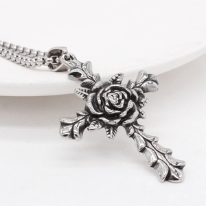 Vintage stainless steel cross necklace with detailed 3D rose flower pendant for men