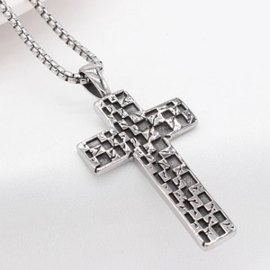 Vintage silver mosaic cross pendant necklace in stainless steel with box chain for men