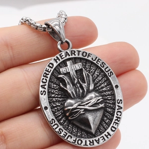 Vintage stainless steel Sacred Heart of Jesus pendant necklace with silver box chain