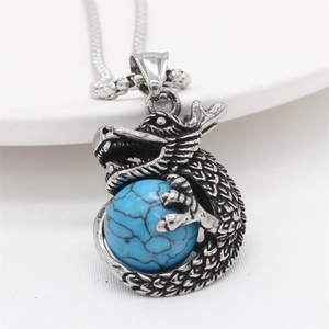 Retro dragon pendant necklace in antique silver with turquoise bead and steel box chain