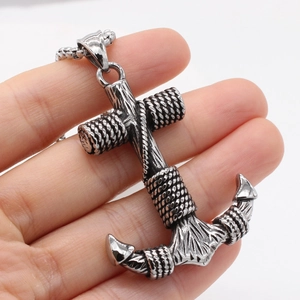 Retro stainless steel nautical anchor pendant necklace for men in vintage silver finish